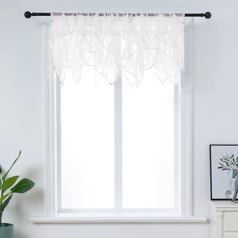 PearAge Ruffled Voile Semi Sheer Curtain Valance, Kitchen Living Room Shabby Chic Ruffle Valance Curtains, Girls Daughters Bedroom Cascade Window Valance Ivory 50x16 Inches - Image 1